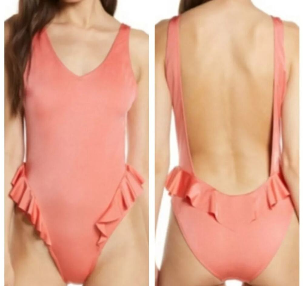 Something Navy Frill One-Piece Swimsuit Women's S Coral Sharon NWT Nordstrom